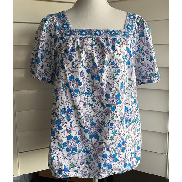 TALBOTS M Purple Blue Songbird Floral Cotton Lawn Top Square Neck Shirt Cottage - Picture 1 of 12